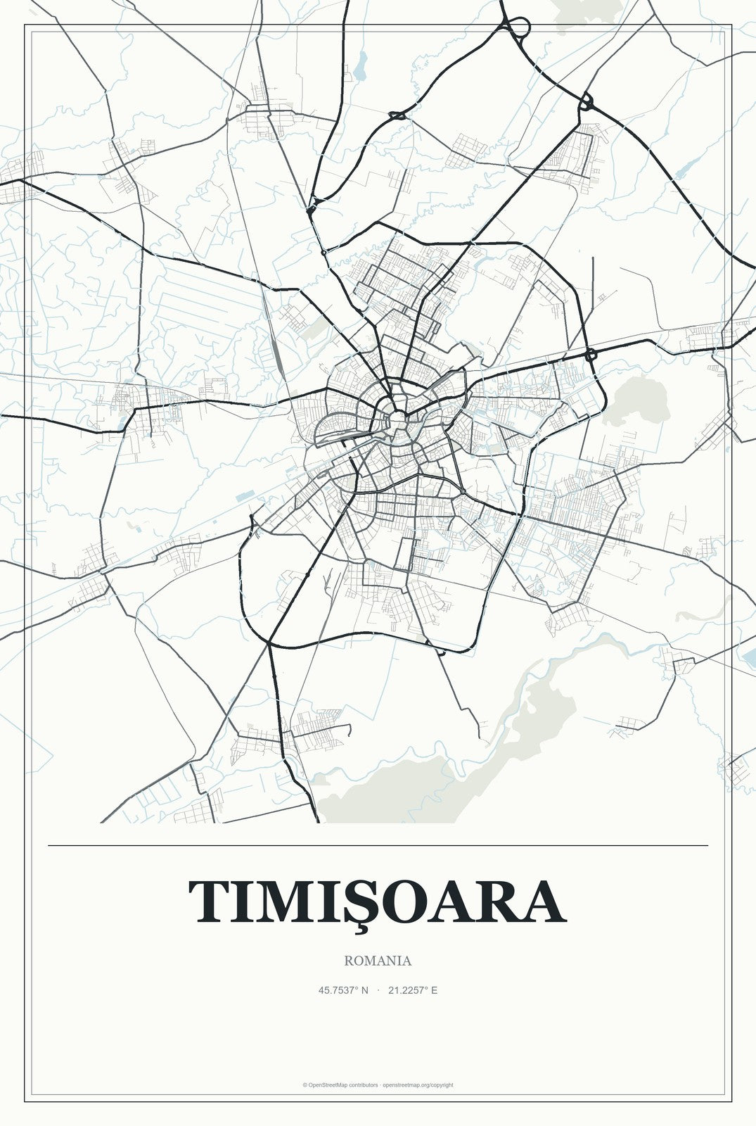 Timişoara, Romania City Map Aluminum Sign in Gallery Air style