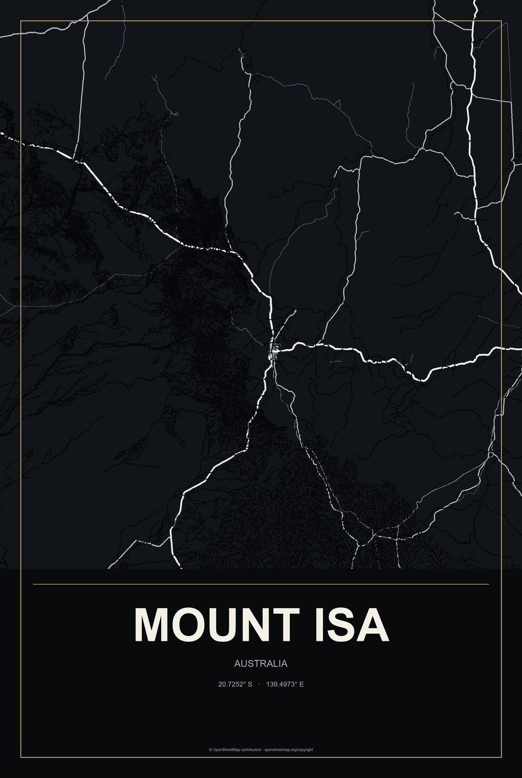 Mount Isa, Australia City Map Aluminum Sign in Metropolitan Noir style