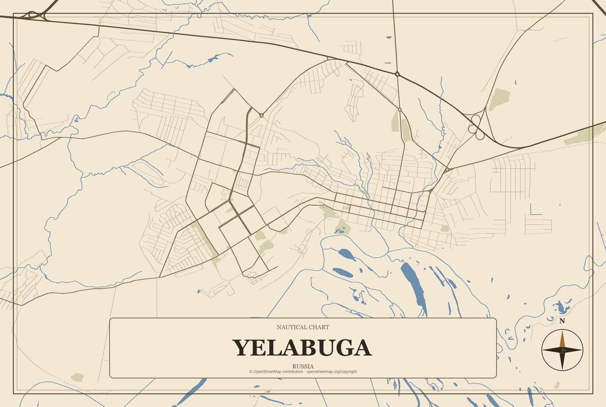 Yelabuga, Russia City Map Aluminum Sign in Heritage Nautical style