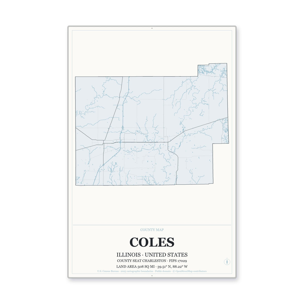 Coles County, Illinois Map Aluminum Sign in Gallery Air style