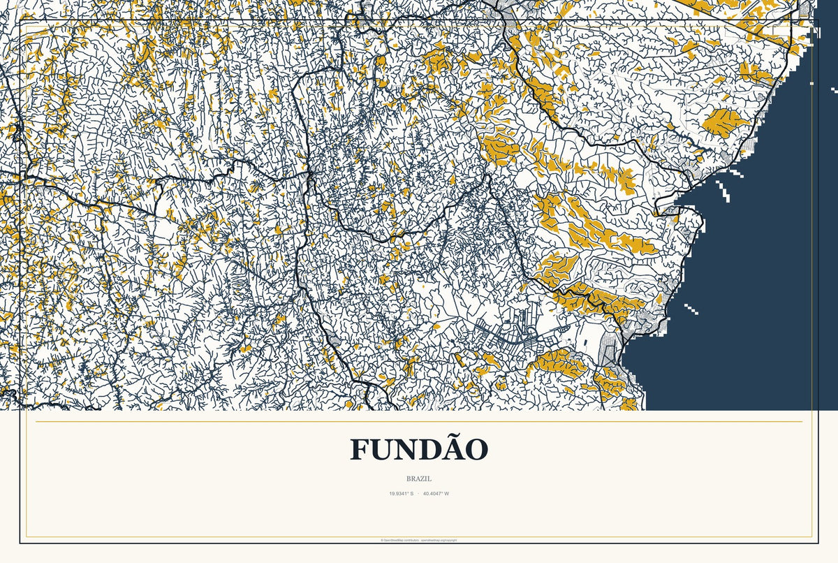Fundão, Brazil City Map Aluminum Sign in Citrine Modern style
