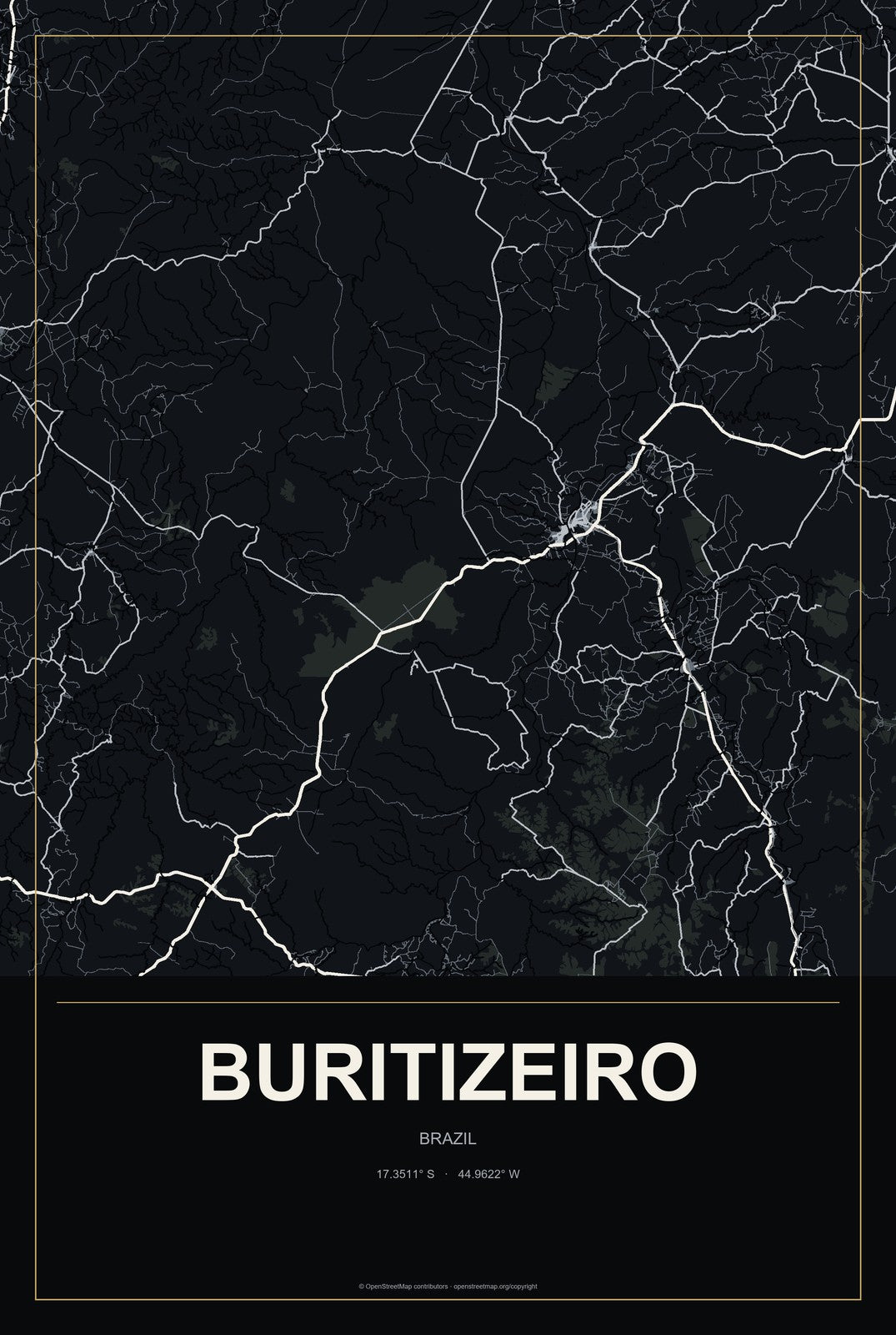 Buritizeiro, Brazil City Map Aluminum Sign in Metropolitan Noir style