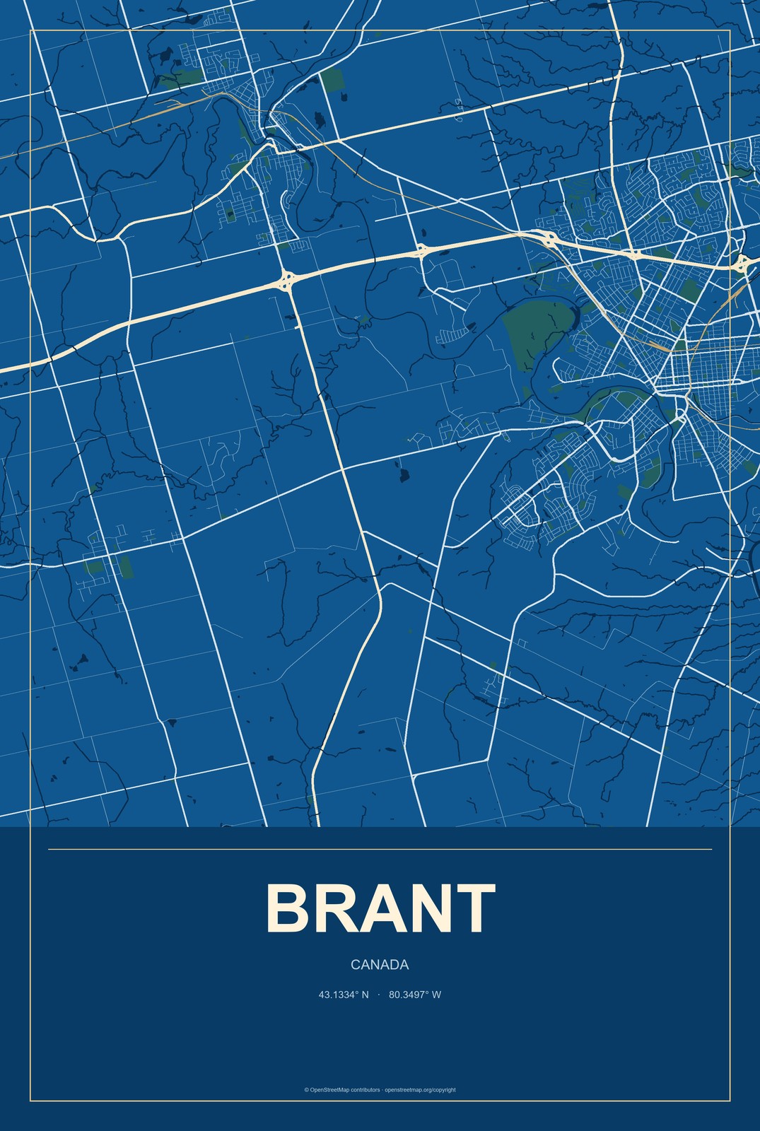 Brant, Canada City Map Aluminum Sign in Harbor Cobalt style