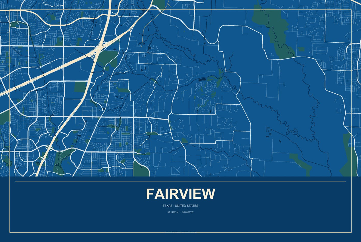 Fairview, Texas City Map Aluminum Sign in Harbor Cobalt style