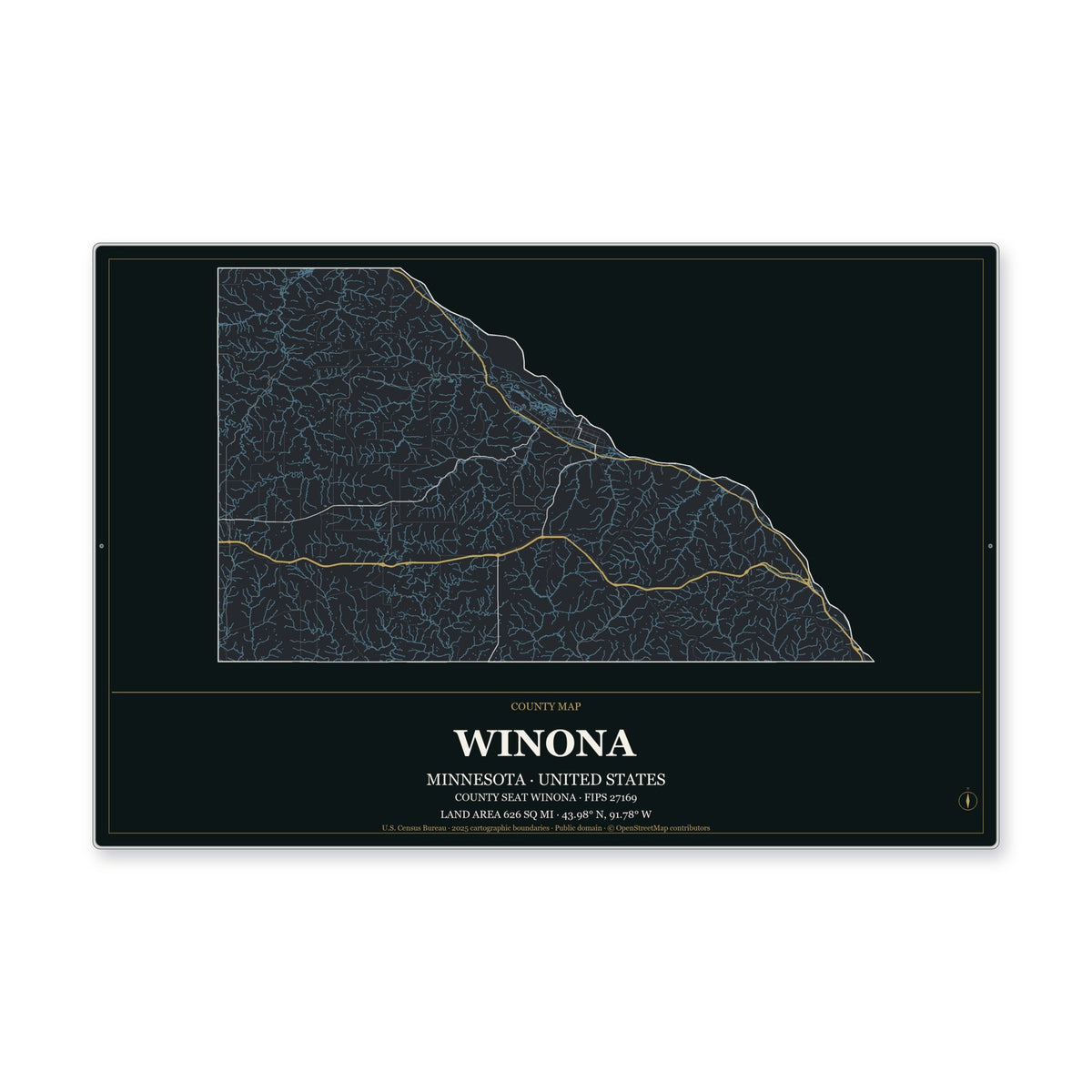 Winona County, Minnesota Map Aluminum Sign in Metropolitan Noir style