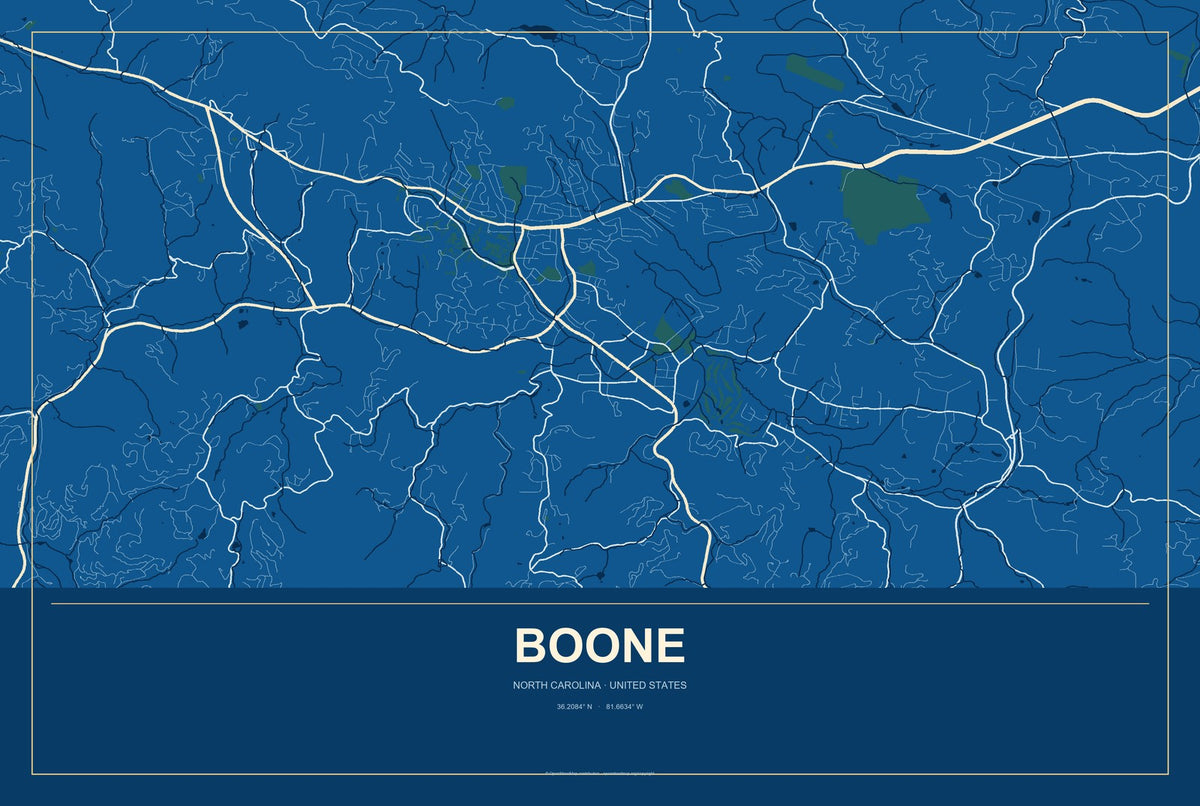 Boone, North Carolina City Map Aluminum Sign in Harbor Cobalt style