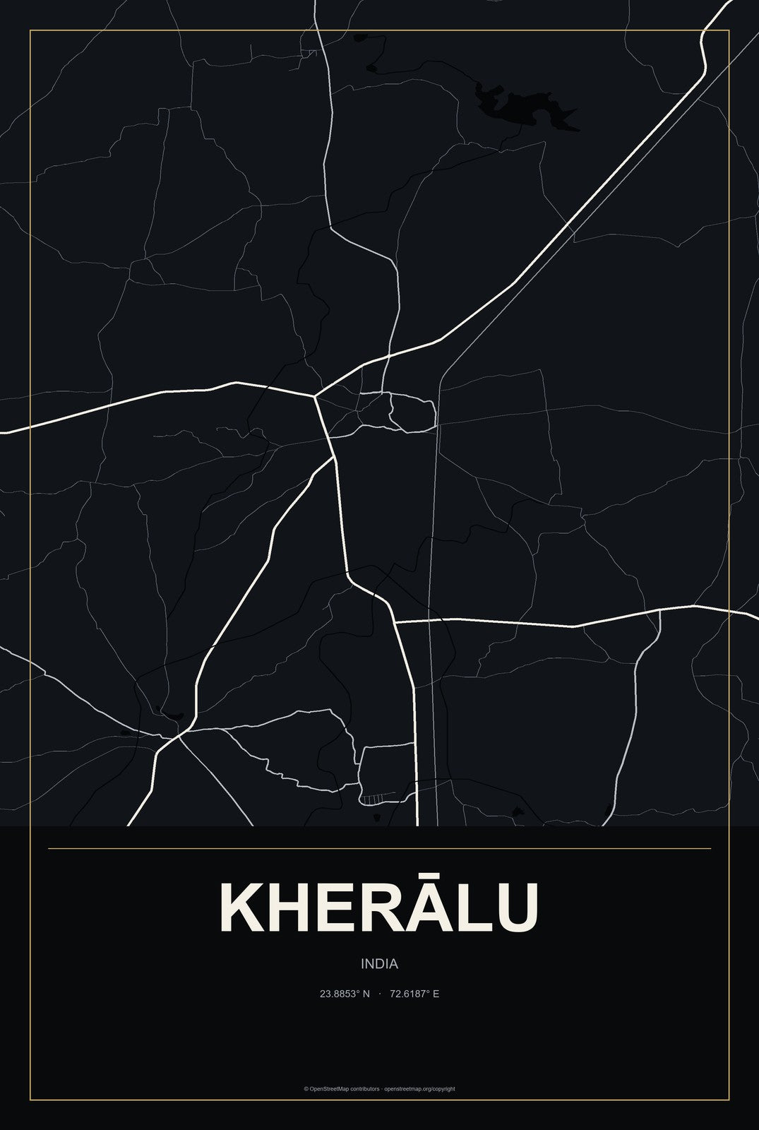 Kherālu, India City Map Aluminum Sign in Metropolitan Noir style