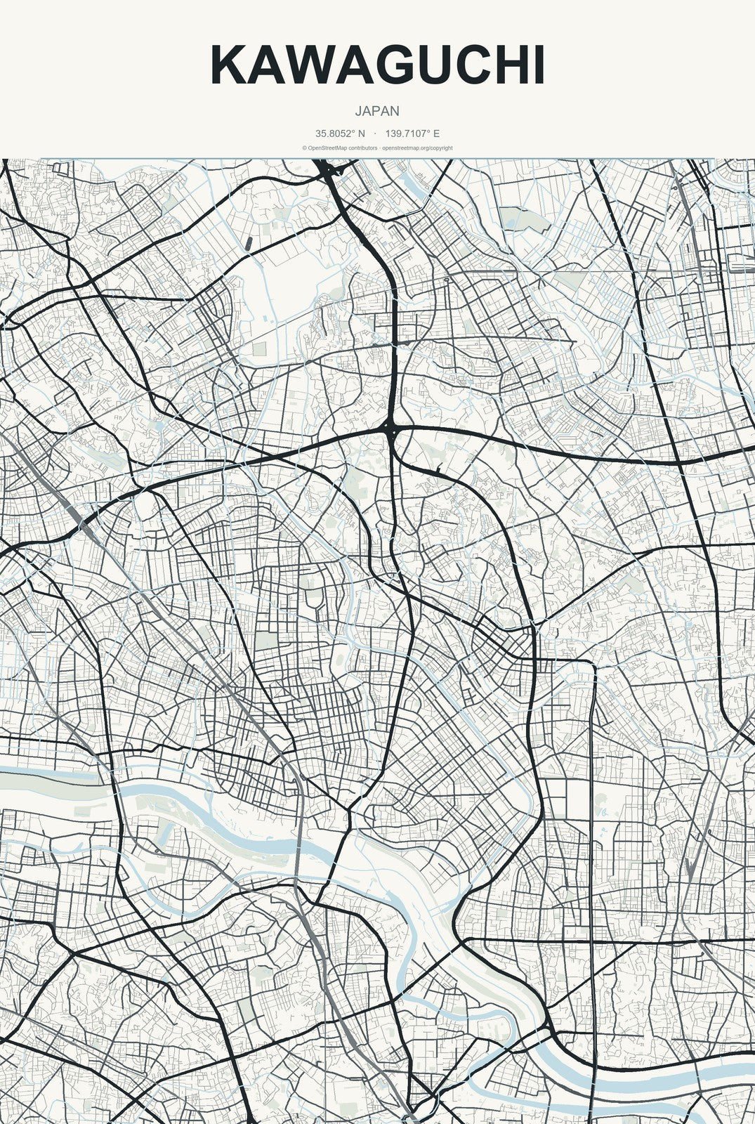Kawaguchi, Japan City Map Aluminum Sign in Headline Atlas style