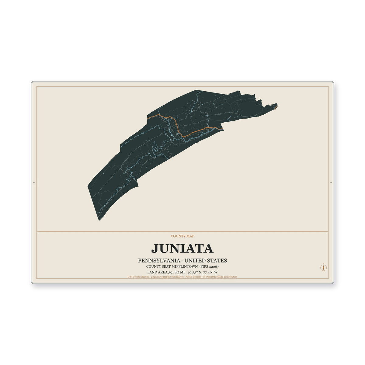 Juniata County, Pennsylvania Map Aluminum Sign in Headline Atlas style