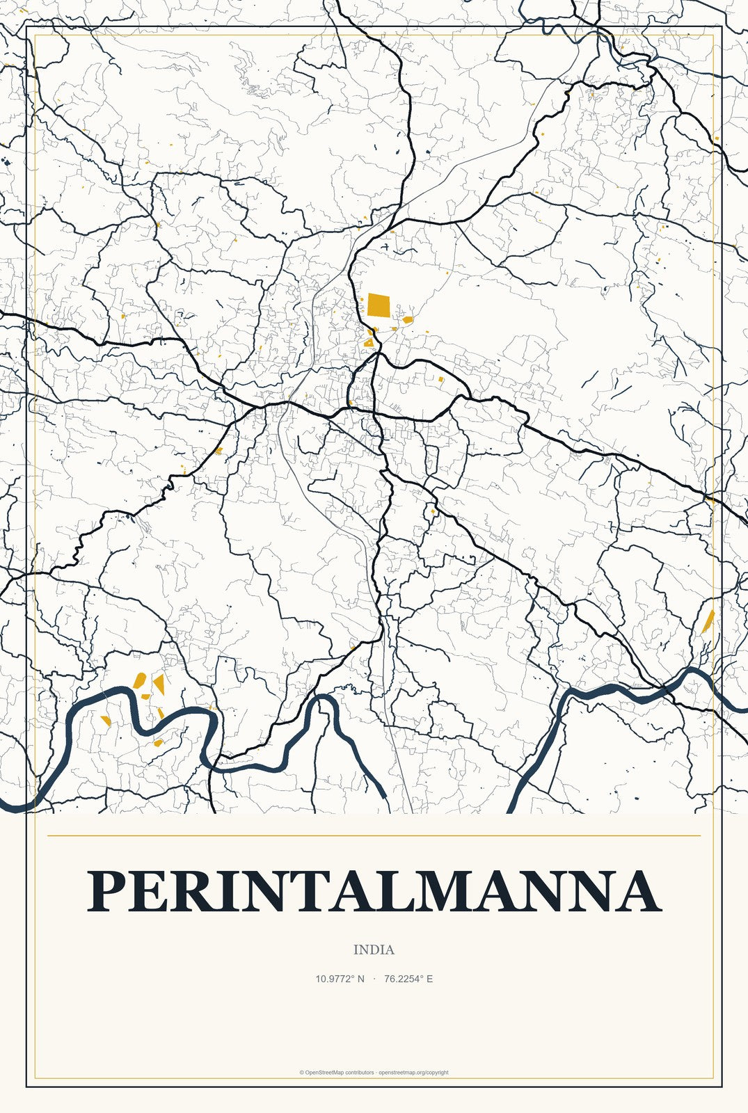 Perintalmanna, India City Map Aluminum Sign in Citrine Modern style