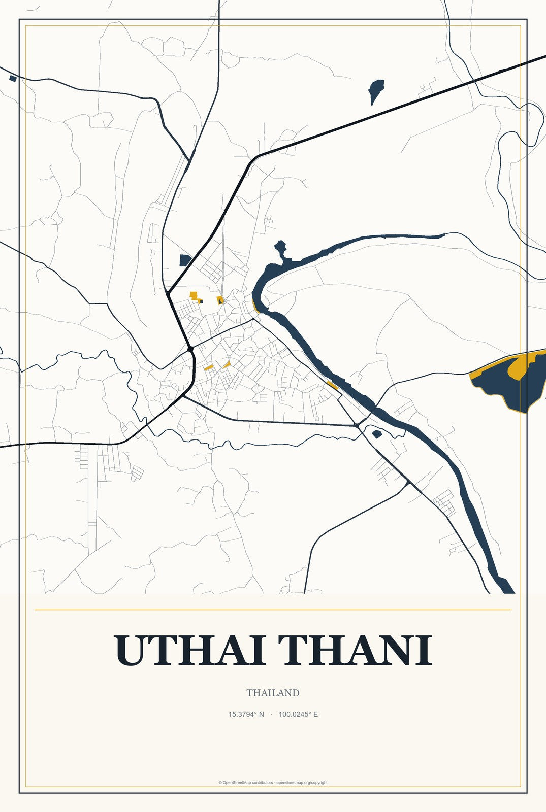 Uthai Thani, Thailand City Map Aluminum Sign in Citrine Modern style