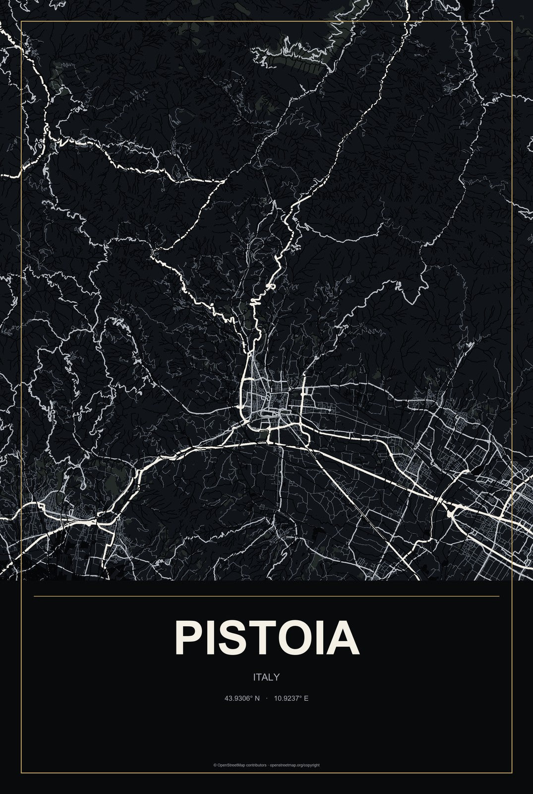 Pistoia, Italy City Map Aluminum Sign in Metropolitan Noir style
