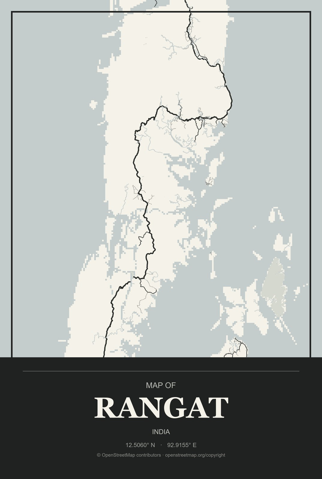 Rangat, India City Map Aluminum Sign in Museum Plaque style