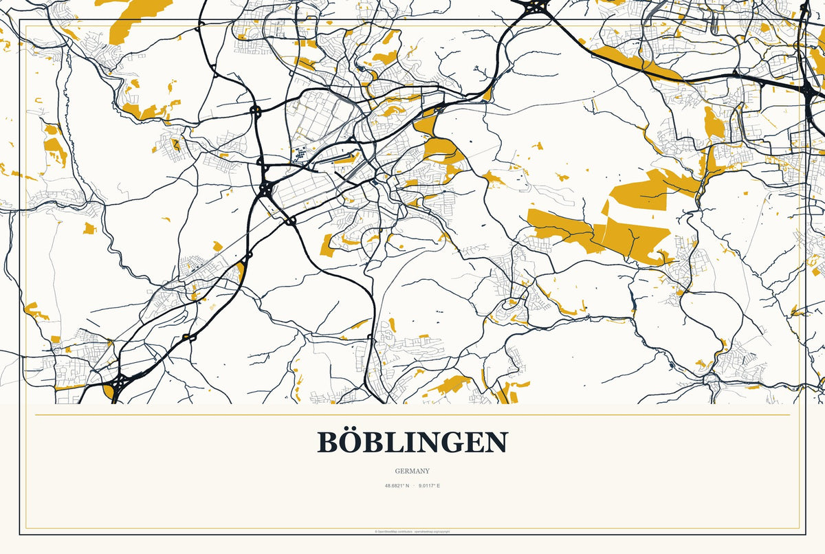 Böblingen, Germany City Map Aluminum Sign in Citrine Modern style