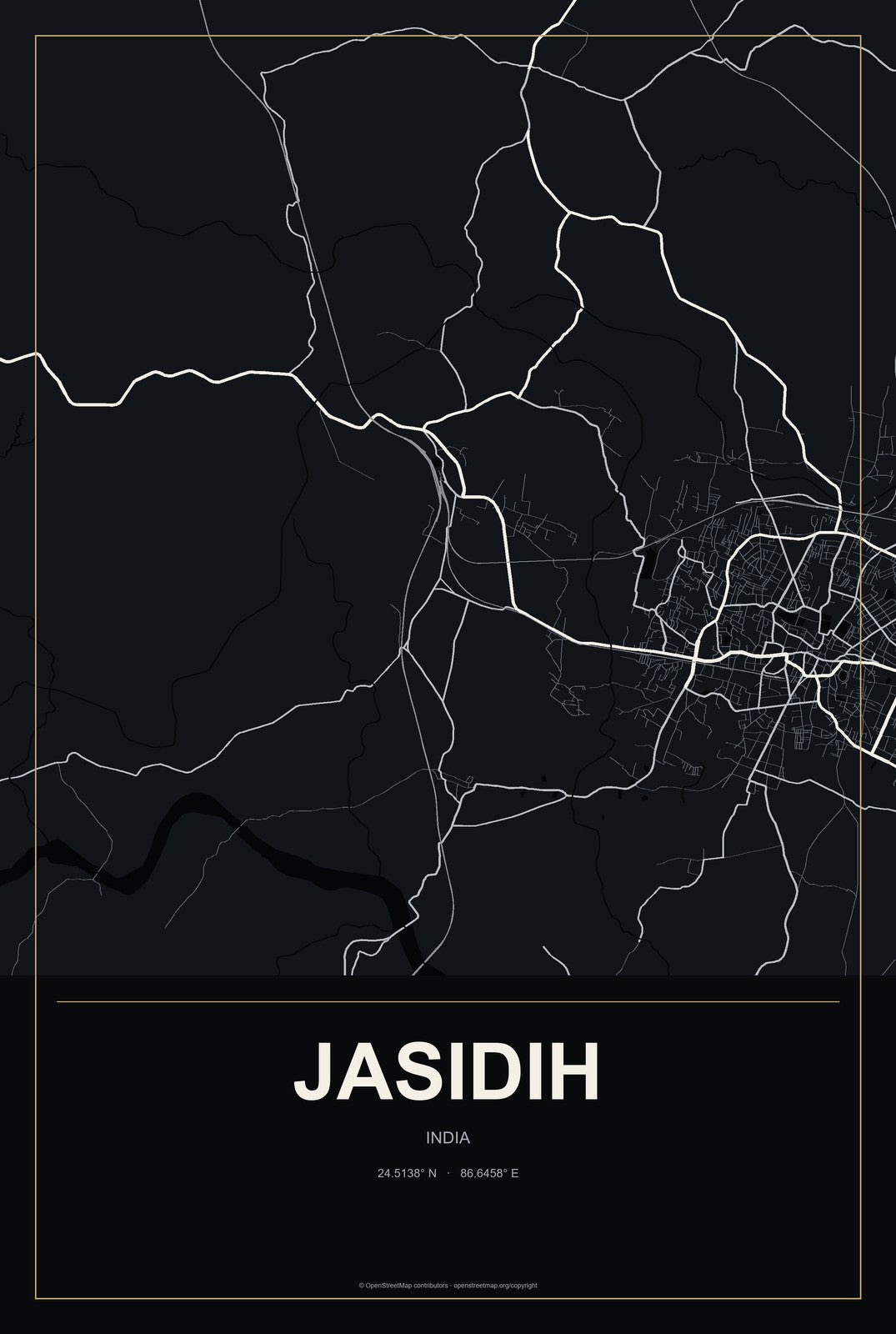 Jasidih, India City Map Aluminum Sign in Metropolitan Noir style
