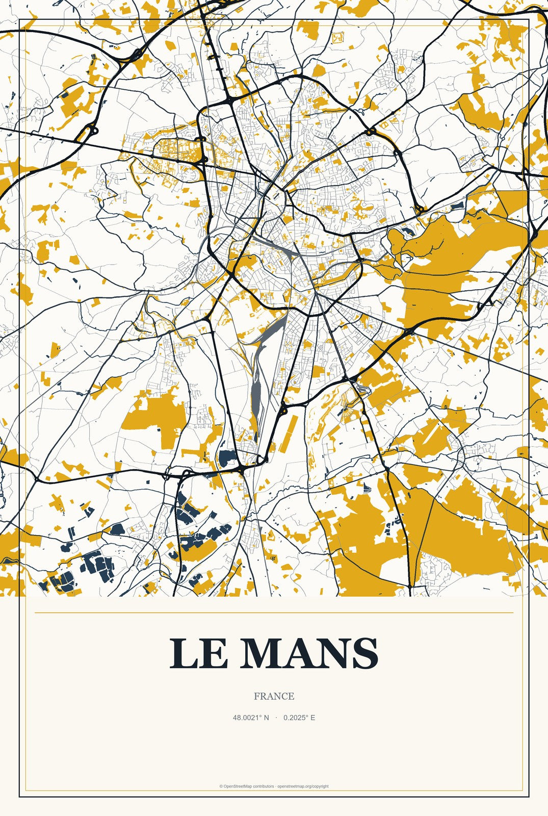 Le Mans, France City Map Aluminum Sign in Citrine Modern style