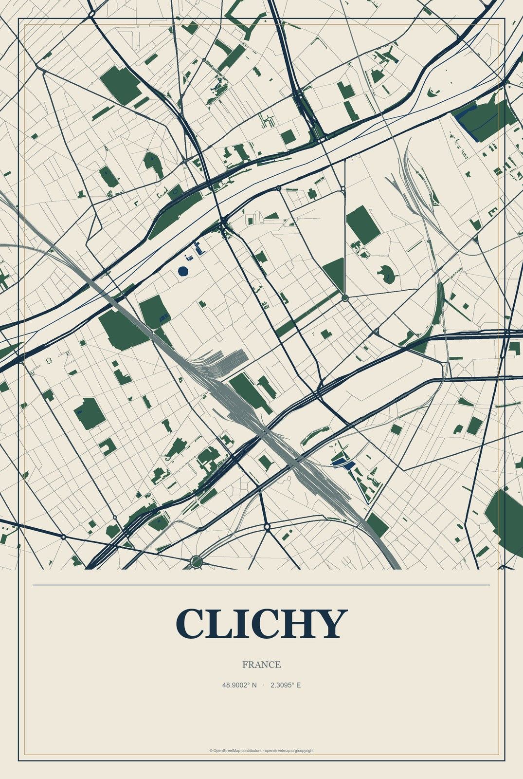 Clichy, France City Map Aluminum Sign in Coastal Cutout style