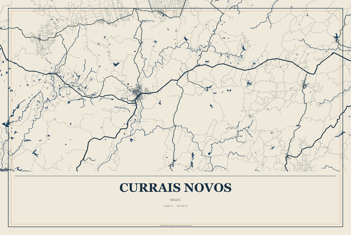 Currais Novos, Brazil City Map Aluminum Sign in Coastal Cutout style