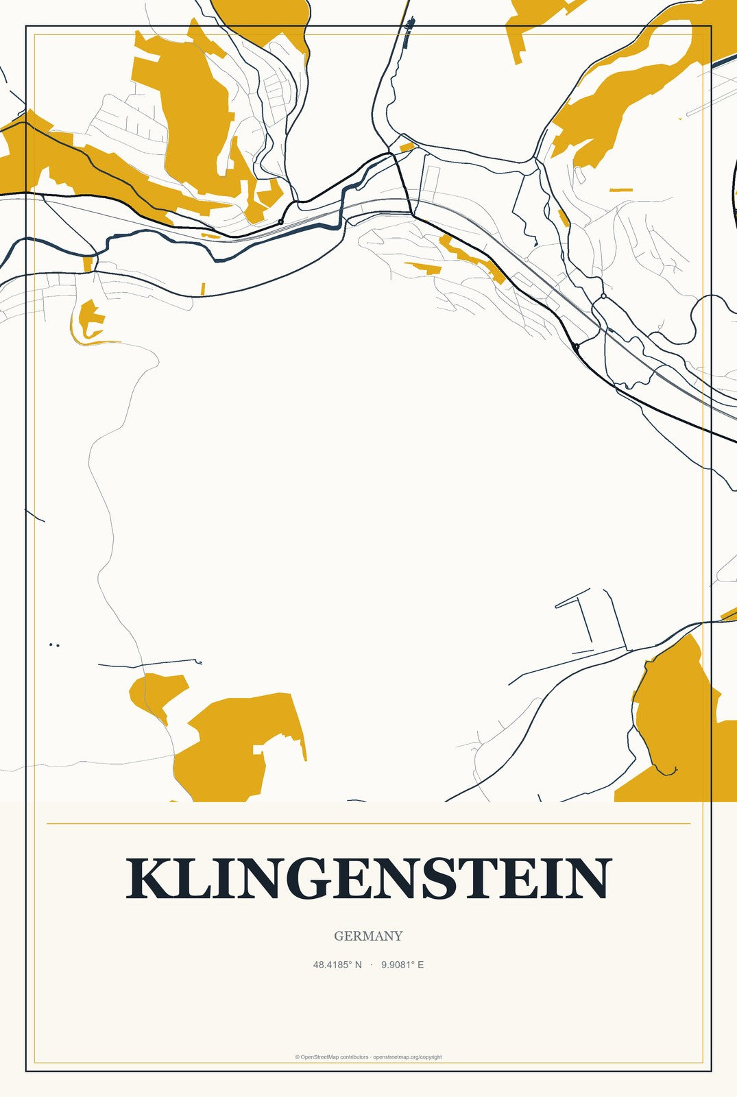 Klingenstein, Germany City Map Aluminum Sign in Citrine Modern style