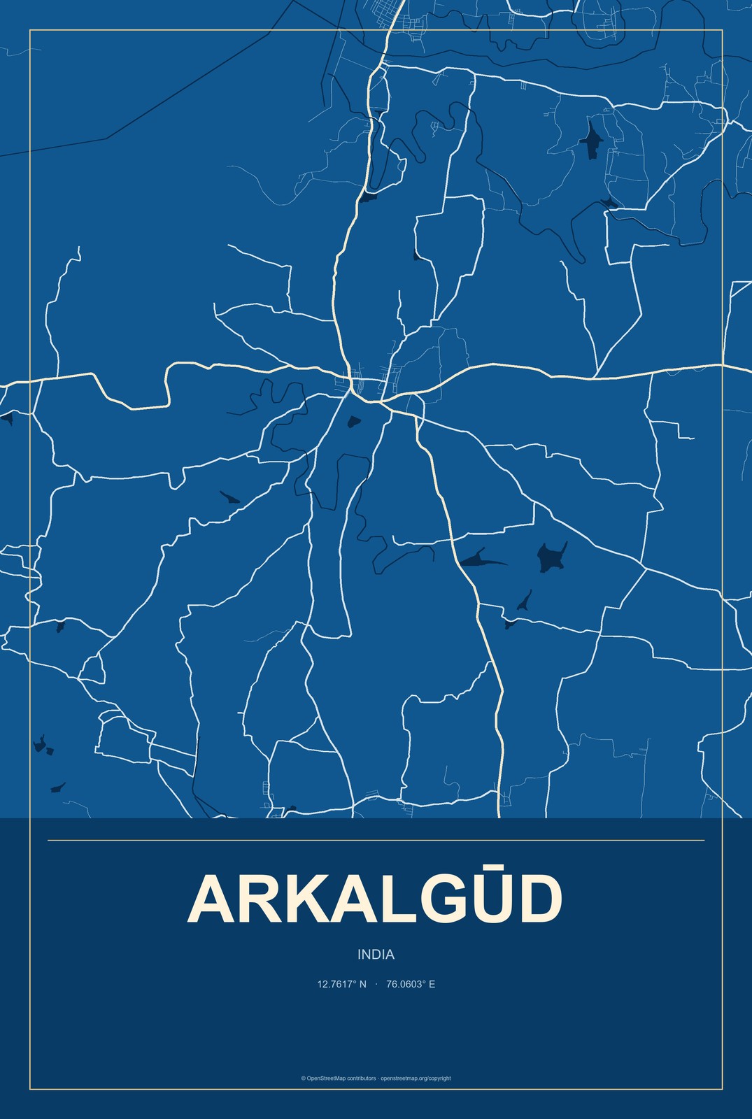 Arkalgūd, India City Map Aluminum Sign in Harbor Cobalt style