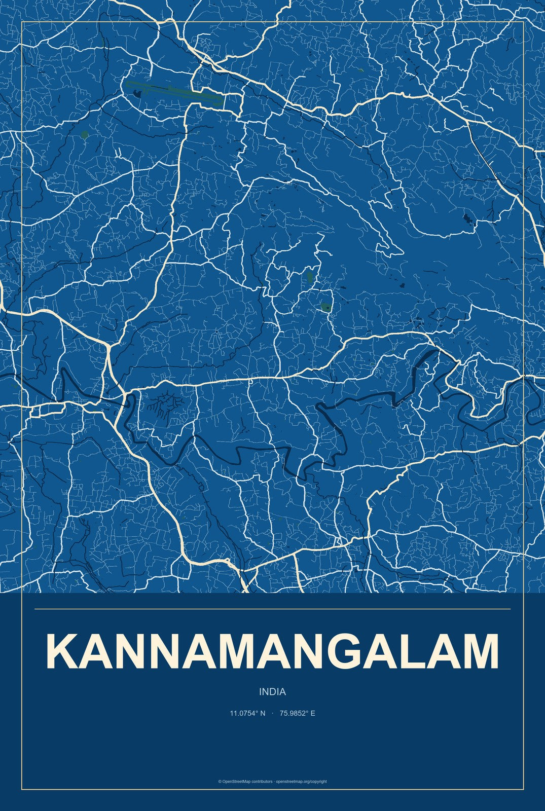 Kannamangalam, India City Map Aluminum Sign in Harbor Cobalt style