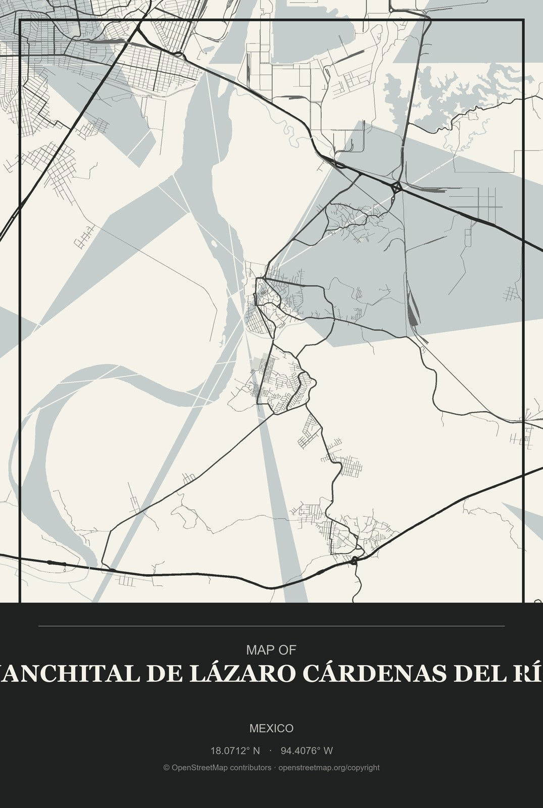 Nanchital de Lázaro Cárdenas del Río, Mexico City Map Aluminum Sign in Museum Plaque style