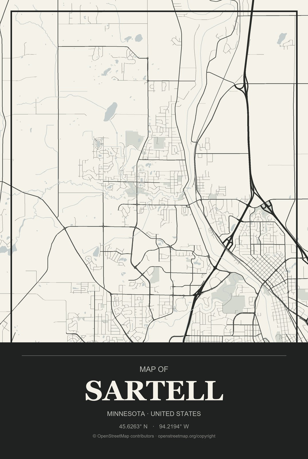 Sartell, Minnesota City Map Aluminum Sign in Museum Plaque style