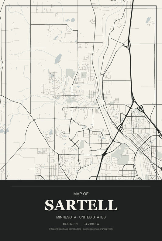 Sartell, Minnesota City Map Aluminum Sign in Museum Plaque style