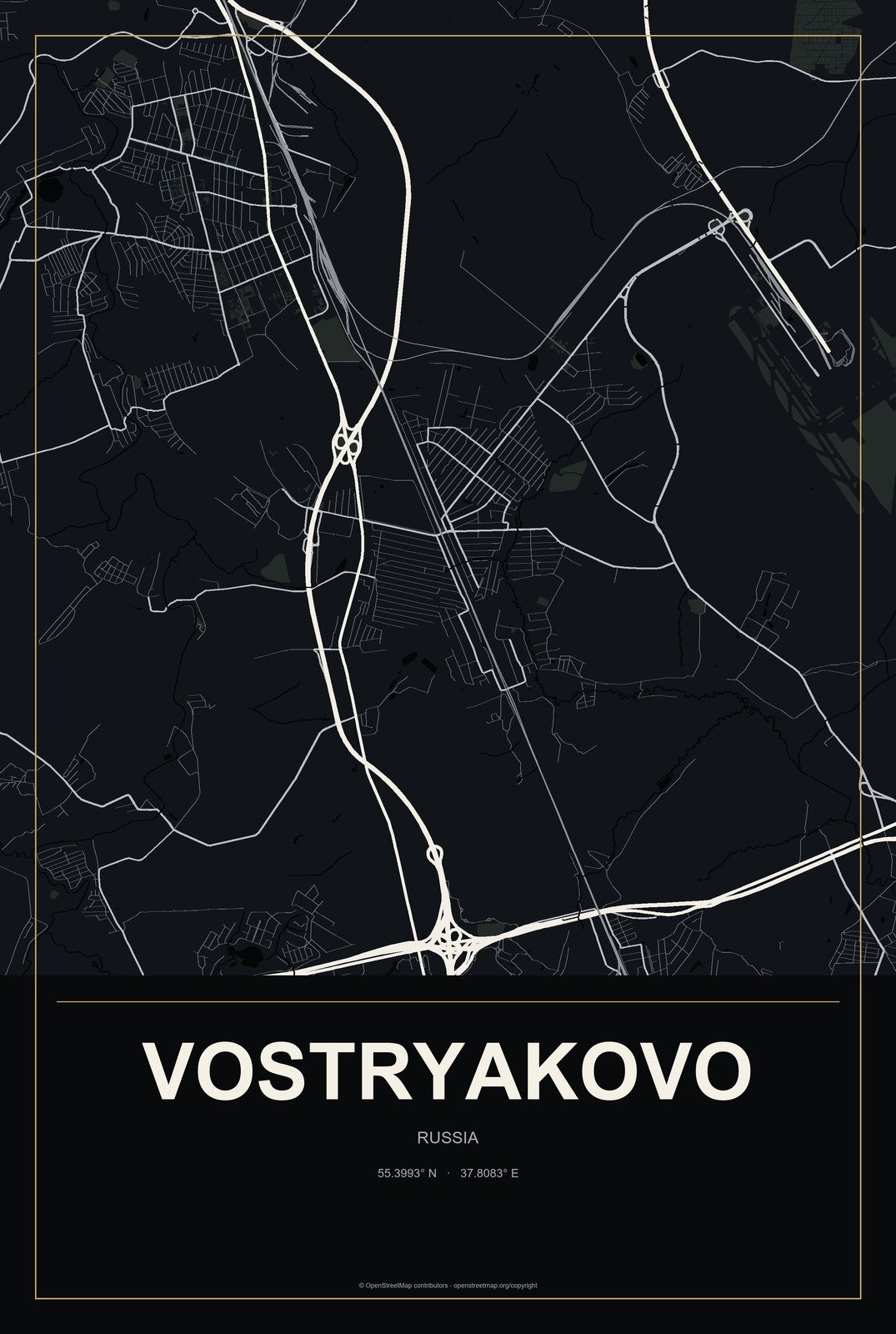 Vostryakovo, Russia City Map Aluminum Sign in Metropolitan Noir style