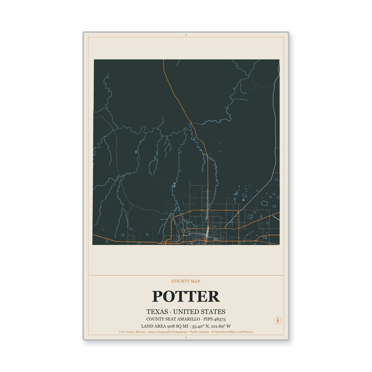 Potter County, Texas Map Aluminum Sign in Headline Atlas style