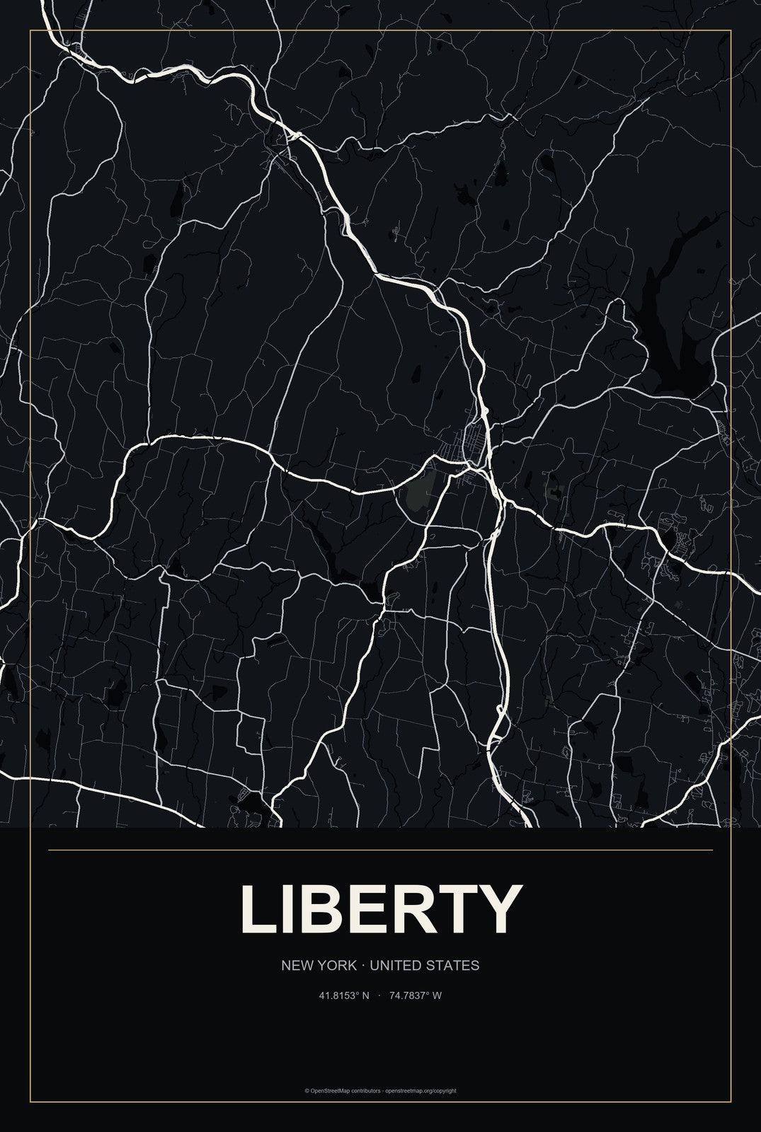 Liberty, New York City Map Aluminum Sign in Metropolitan Noir style