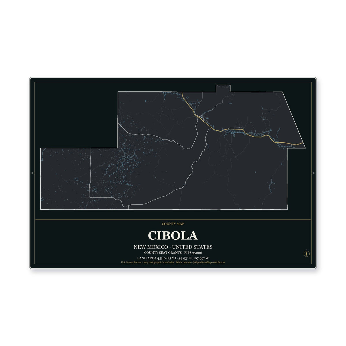 Cibola County, New Mexico Map Aluminum Sign in Metropolitan Noir style