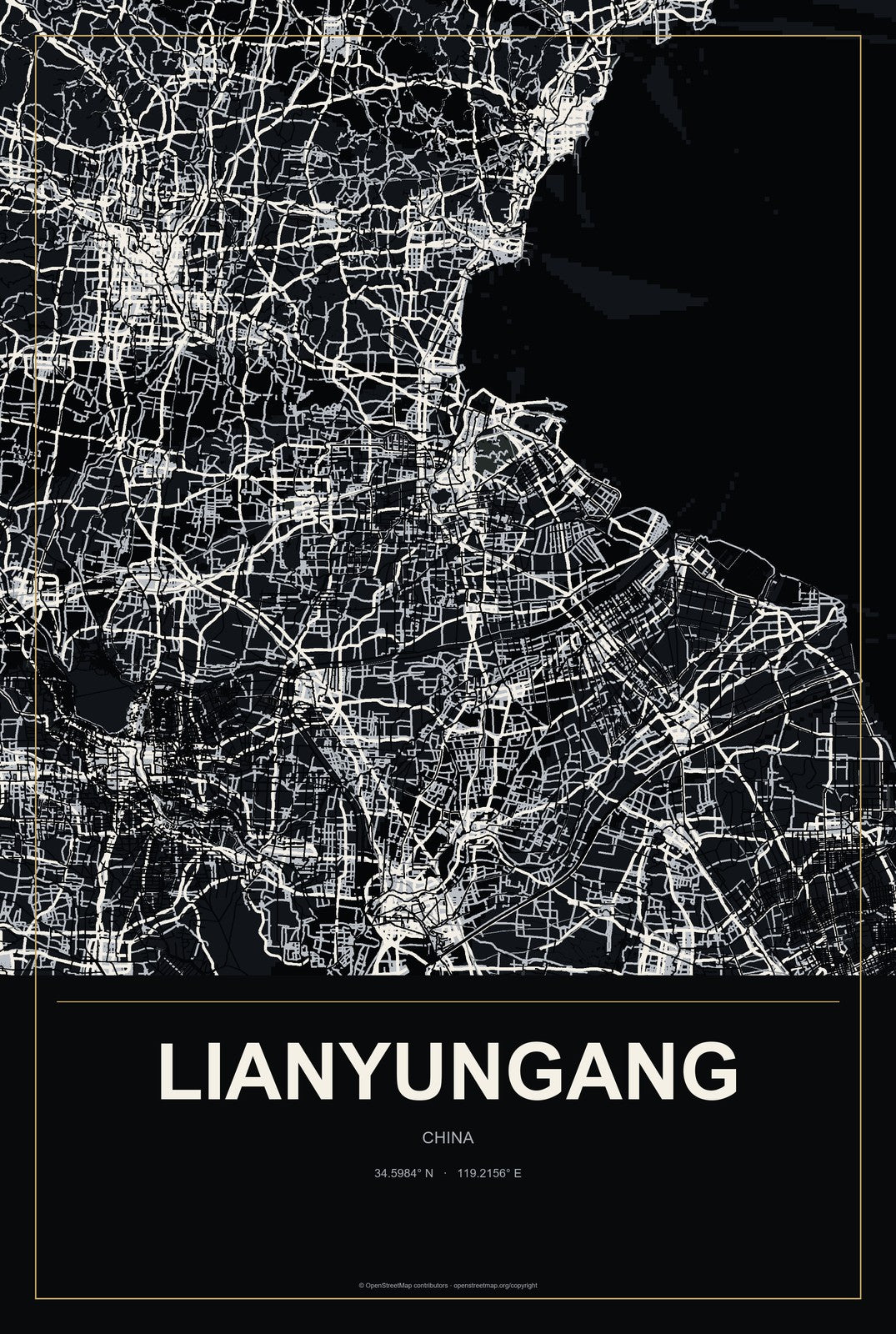Lianyungang, China City Map Aluminum Sign in Metropolitan Noir style