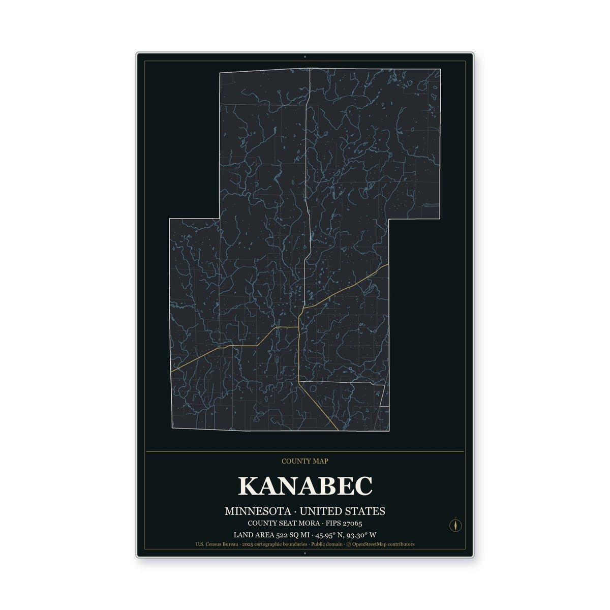 Kanabec County, Minnesota Map Aluminum Sign in Metropolitan Noir style
