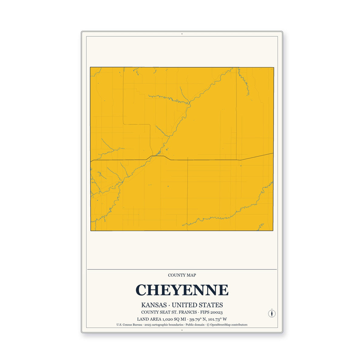 Cheyenne County, Kansas Map Aluminum Sign in Citrine Modern style
