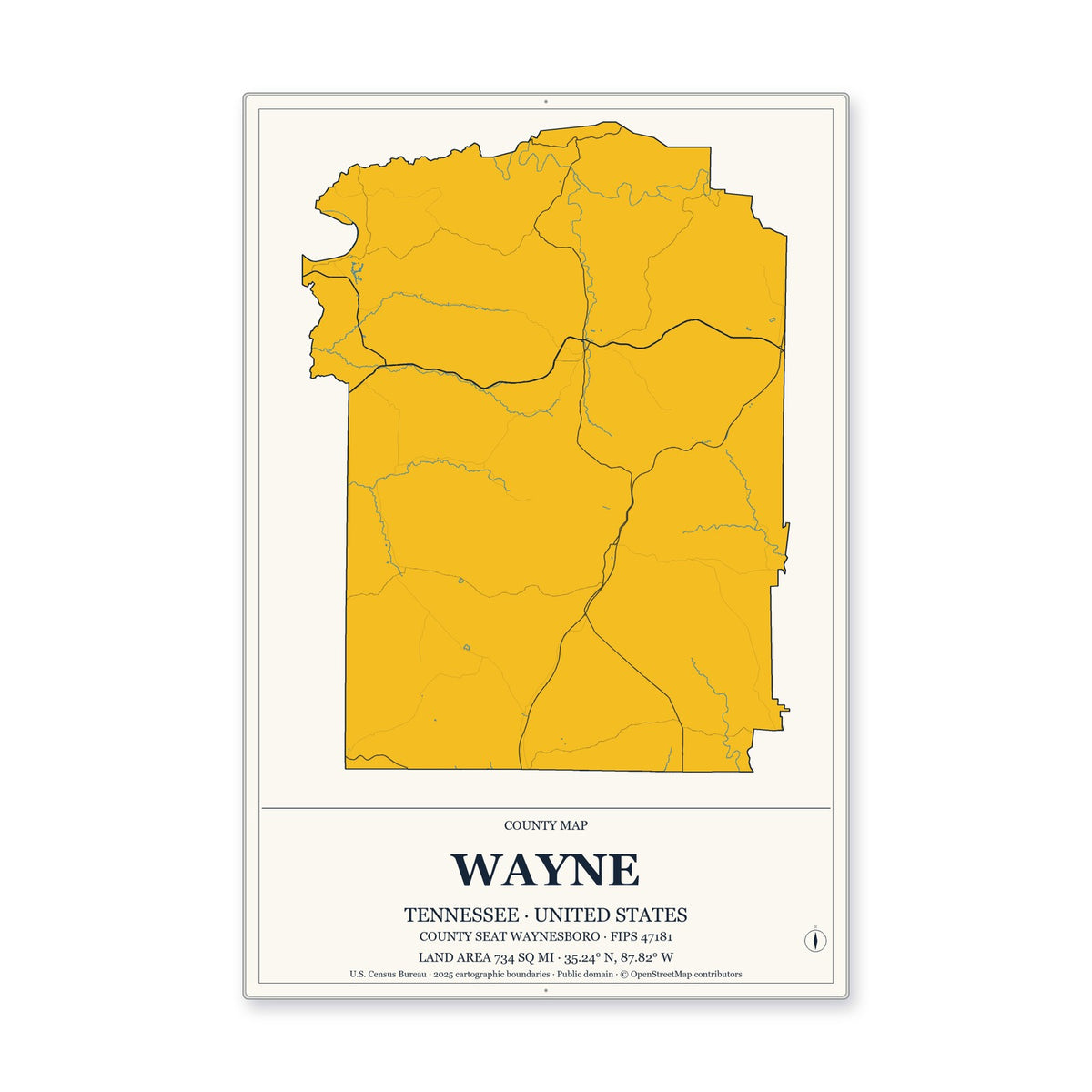 Wayne County, Tennessee Map Aluminum Sign in Citrine Modern style