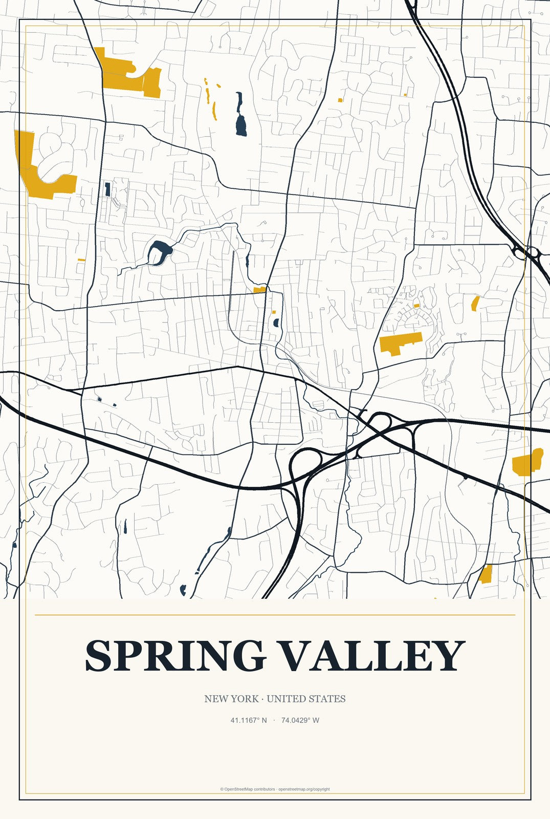 Spring Valley, New York City Map Aluminum Sign in Citrine Modern style