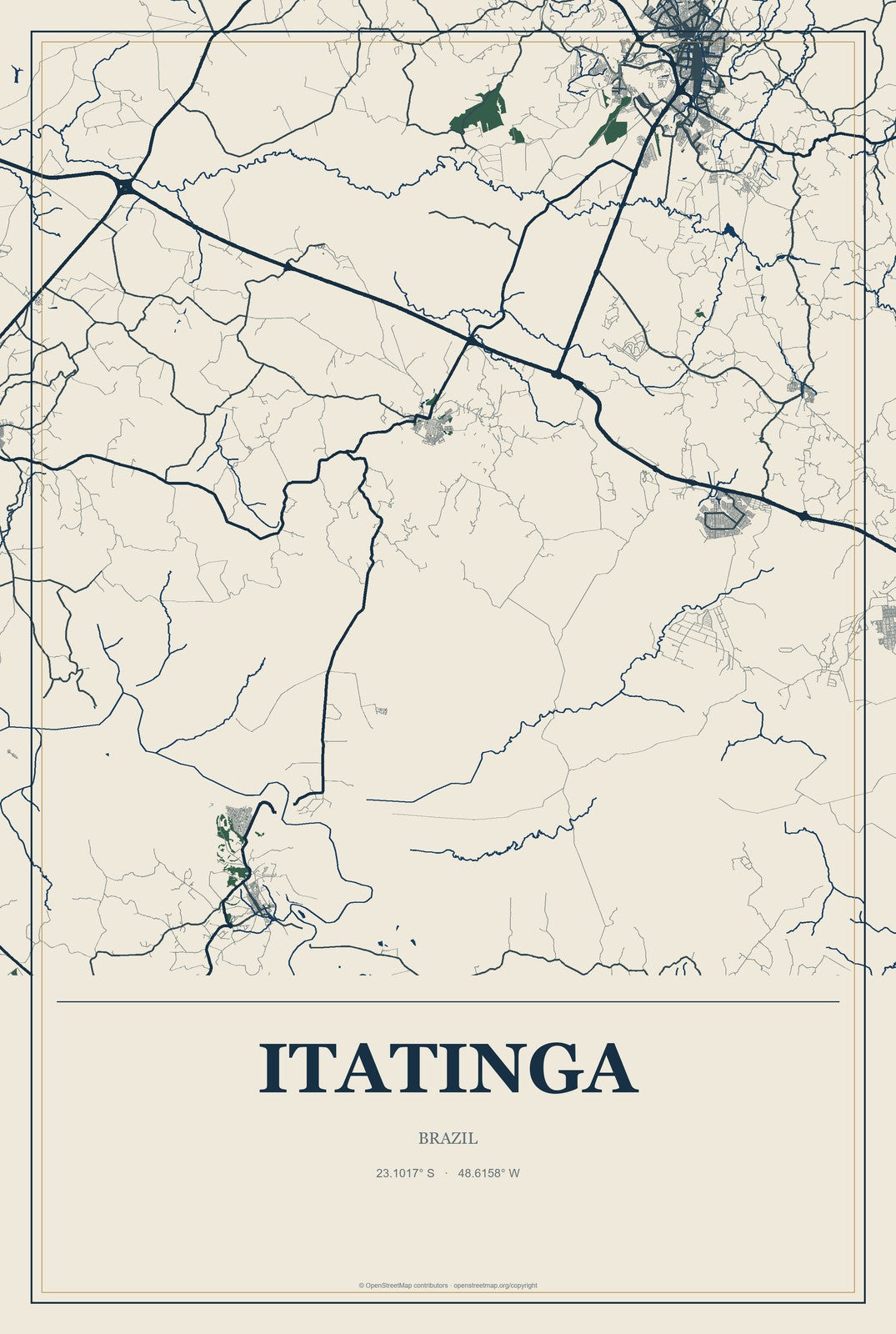 Itatinga, Brazil City Map Aluminum Sign in Coastal Cutout style