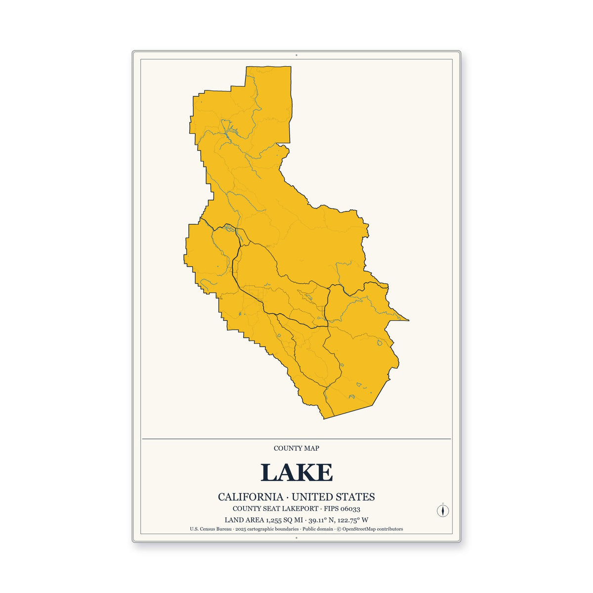 Lake County, California Map Aluminum Sign in Citrine Modern style