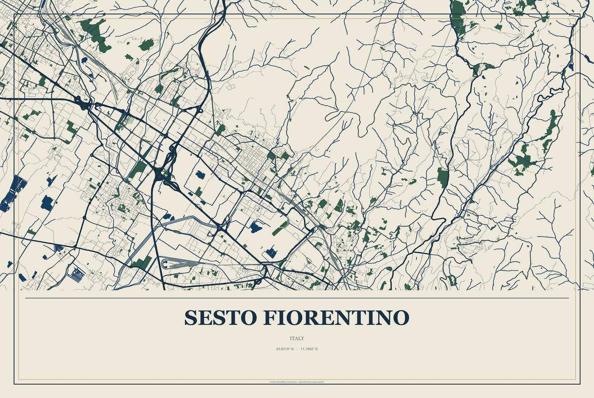 Sesto Fiorentino, Italy City Map Aluminum Sign in Coastal Cutout style