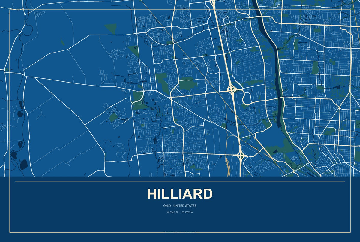Hilliard, Ohio City Map Aluminum Sign in Harbor Cobalt style