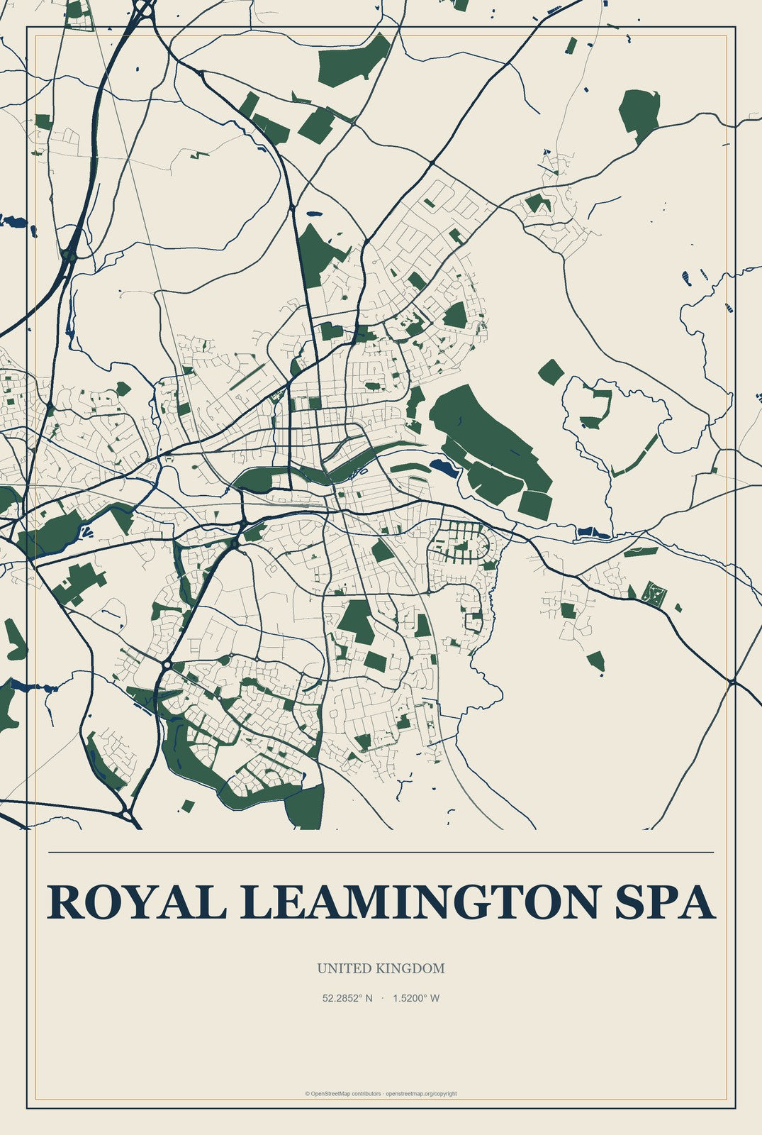 Royal Leamington Spa, United Kingdom City Map Aluminum Sign in Coastal Cutout style