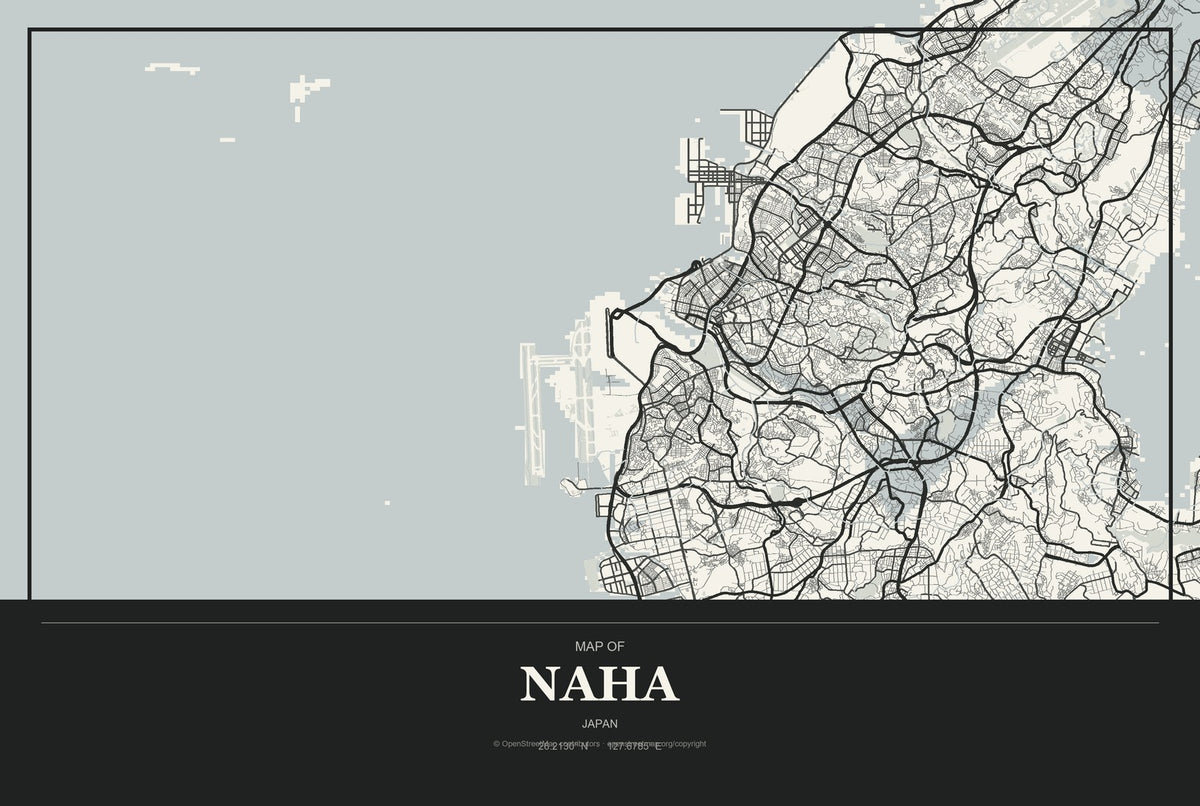 Naha, Japan City Map Aluminum Sign in Museum Plaque style