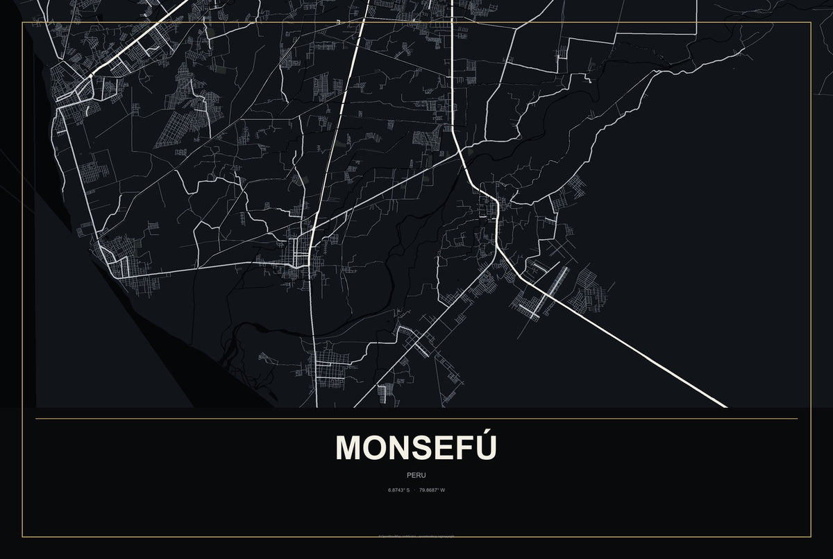 Monsefú, Peru City Map Aluminum Sign in Metropolitan Noir style