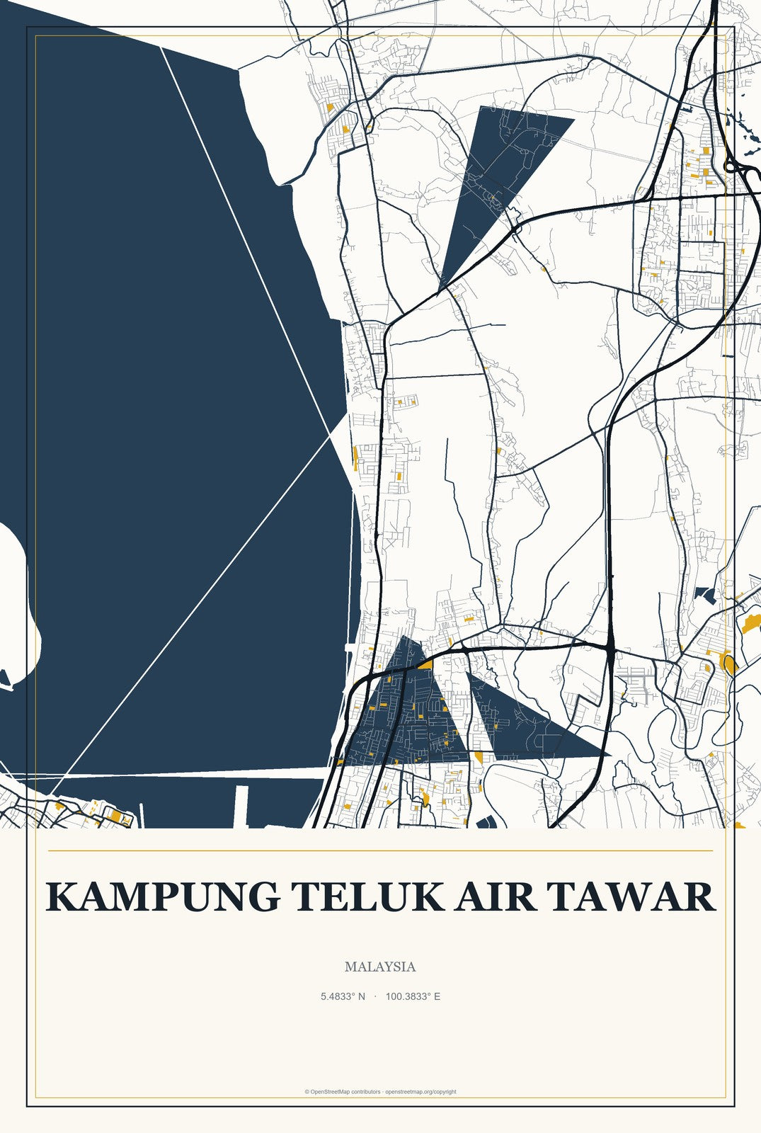 Kampung Teluk Air Tawar, Malaysia City Map Aluminum Sign in Citrine Modern style