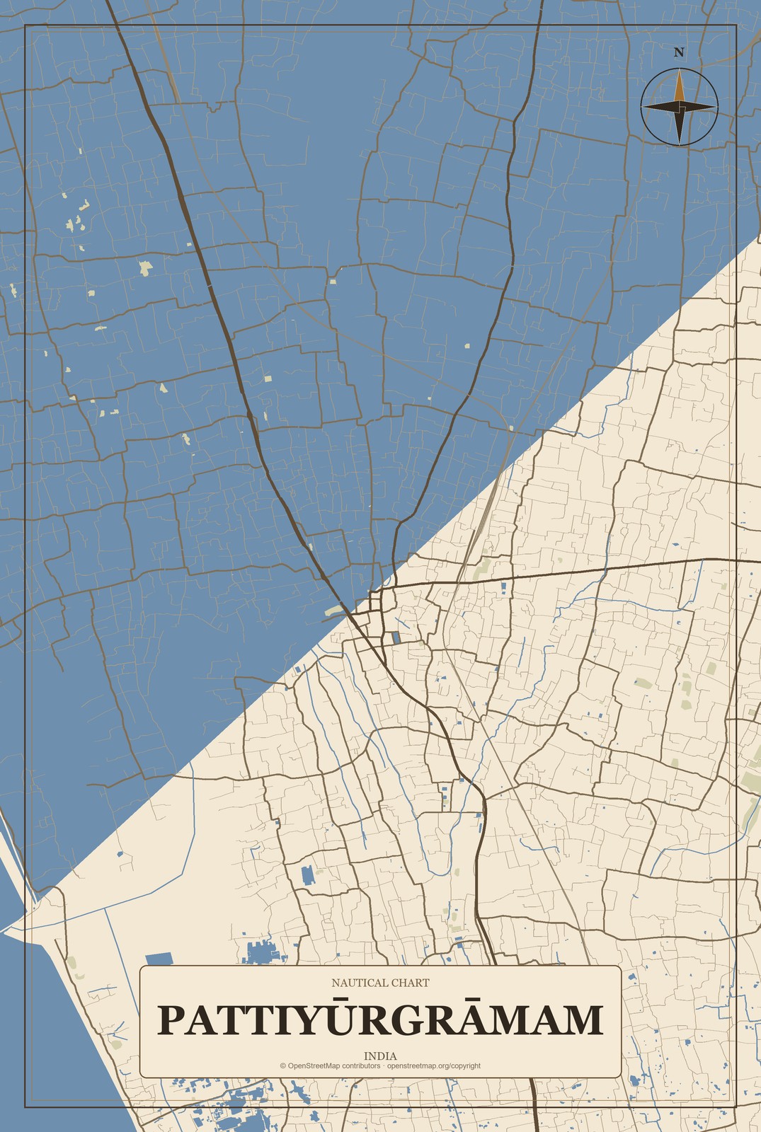 Pattiyūrgrāmam, India City Map Aluminum Sign in Heritage Nautical style