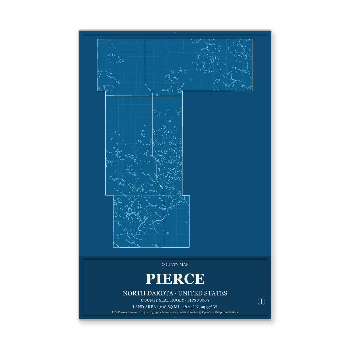 Pierce County, North Dakota Map Aluminum Sign in Harbor Cobalt style