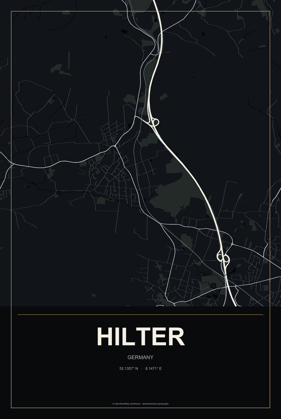 Hilter, Germany City Map Aluminum Sign in Metropolitan Noir style