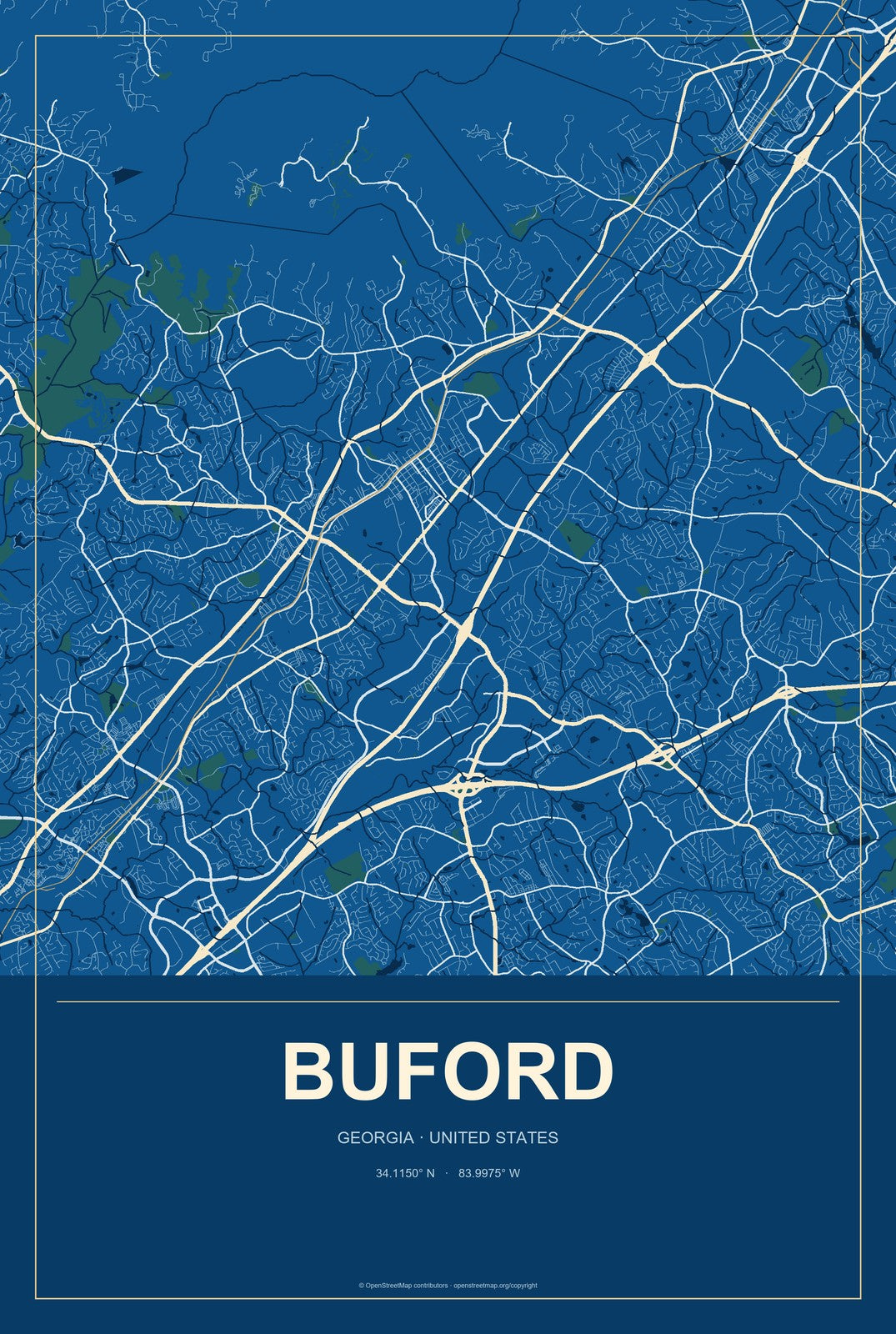 Buford, Georgia City Map Aluminum Sign in Harbor Cobalt style