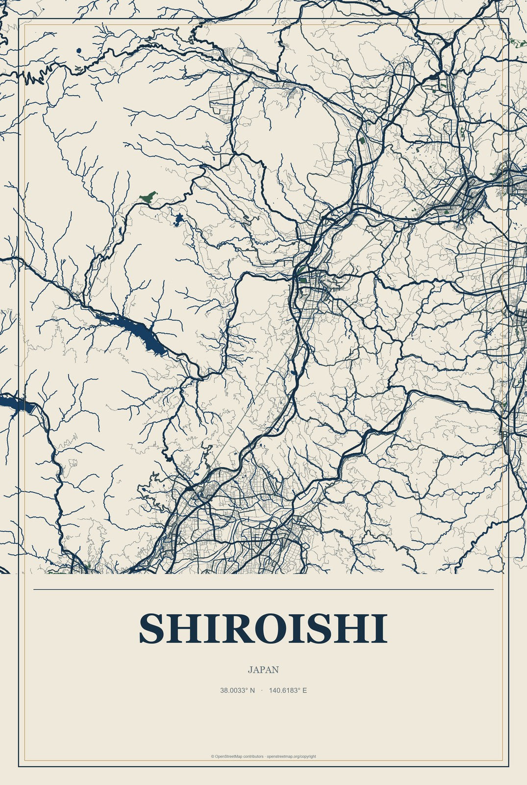 Shiroishi, Japan City Map Aluminum Sign in Coastal Cutout style
